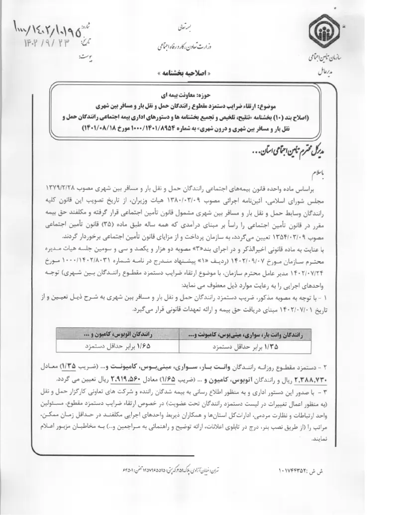 صفحهٔ اولِ پیوست: پیوست بخشنامه ارتقاء ضرایب دستمزد مقطوع رانندگان حمل و نقل بار و مسافر بین شهری (اصلاح بند (۱۰) بخشنامه «تنقیح، تلخیص و تجمیع بخشنامه ها و دستورهای اداری بی.pdf